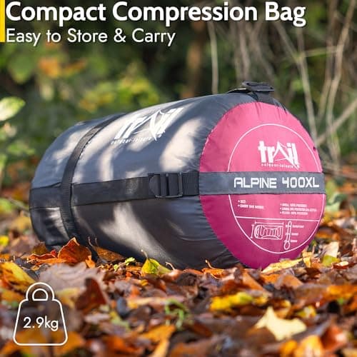 Trail Alpine 400 XL Sleeping Bag with Hood, 230cm x 100cm, Pink — view 6