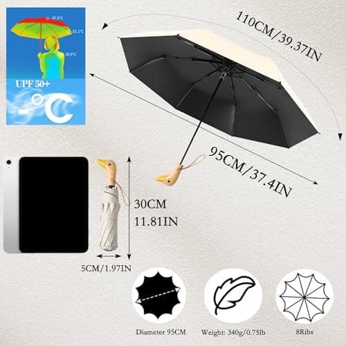Travebo Travel Folding Umbrella with Cute Duck wooden Handle,Wide Strap,Rain/Sun,UPF 50+,UV Protection,Compact, Lightweight Portable, Sturdy & Collapsible,8 Ribs, Women/Kids,Backpack/Car, Dark black — view 2