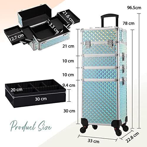 Joligrace 4-in-1 Tall Vanity Case Rolling Box Makeup Box Hairdressing Trolley on Wheels Beauty Trolley on Wheels Professional Makeup Organiser Storage Nail Technician case with Locks (Mint Green) — view 6