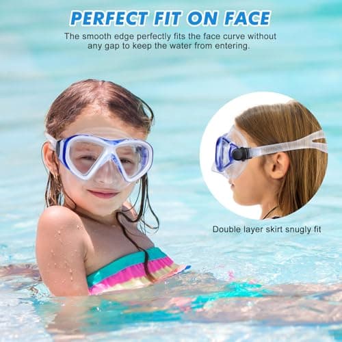 KUYOU Kids Snorkel Set Dry Top Snorkeling Gear,180°Panoramic Wide View Swimming Diving Mask for Kids Youth Boys Girls Junior Age 5-12 (Blue+White) — view 3