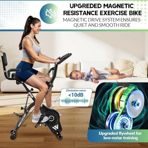 Exercise Bike, 5-in-1 Quiet Folding Exercise Bikes for Home Use, 16 Level Adjustable Magnetic Resistance Foldable Stationary Exercise Bike, LCD Display with Heart Rate, 350LBS Capacity Comfort Seat — view 3