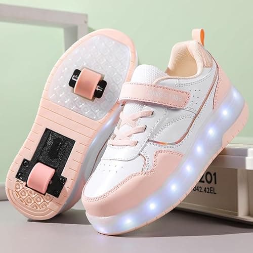Roller Skate Shoes for Boys and Girls Kids LED Light Up Fashion Sneakers Skating Shoes with Rechargeable and Detachable Wheels The Gift for Party Birthday Christmas Day Pink — view 6