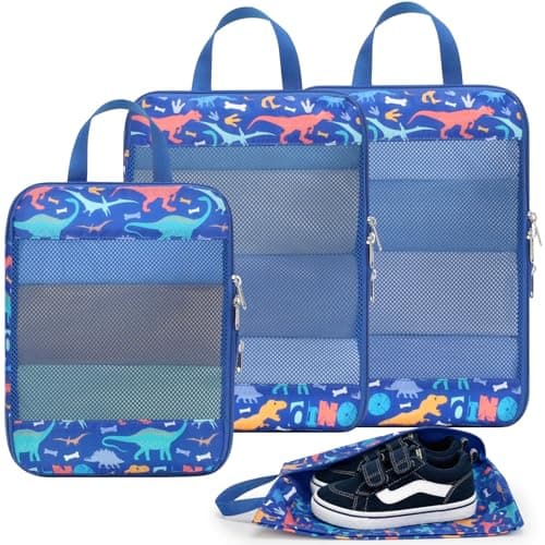 Bagseri Kids Compression Packing Cubes - 4 Piece Travel Set, Blue Dinosaur