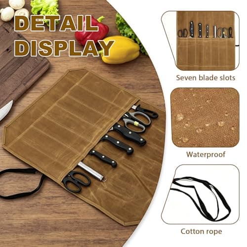 LINISITING Waxed Canvas Knife Roll Bag, 7 Slots Knife Roll Bag, Portable Waterproof Cutlery Tool Storage Case, Drawstring Design Handbag for Camping Hiking Kitchen Chef Tools Organizer — view 3