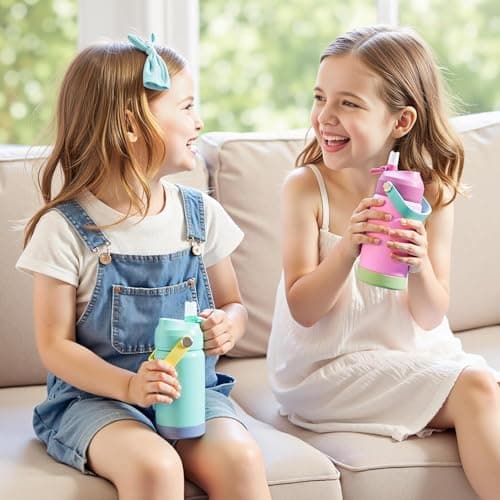 Fijinhom Kids Water Bottle, 360ml/12oz, Stainless Steel Insulated Water Bottle with Straw, Vacuum Leakproof, Kids Water Bottles for School Boys Girls,BPA Free,Twilight Green + Soft Coral 2 Piece Set — view 2