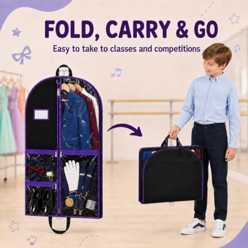 Costume Garment Bag, 100 × 60 × 8 cm Dress Bag with 3 Zipped PVC Pockets, Foldable Suit Bag & Dress Cover for Dance Costumes, Travel, Competitions, Kids and Adults, 1 Pack — view 5