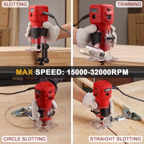 TEENO Compact Electric Hand Wood Trimmer 800W 15000-32000 RPM,with Dust Cover,6 Variable Speeds,Profession Router Trimmer with 5PCS 1/4" Shank Router Bits,Includes Base 6/6.35mm — view 6