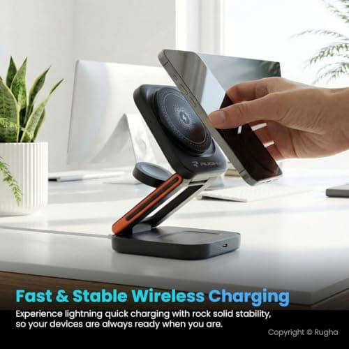 Rugha 3-in-1 Magnetic Wireless Charging Station 15W Foldable Stand Black — view 3