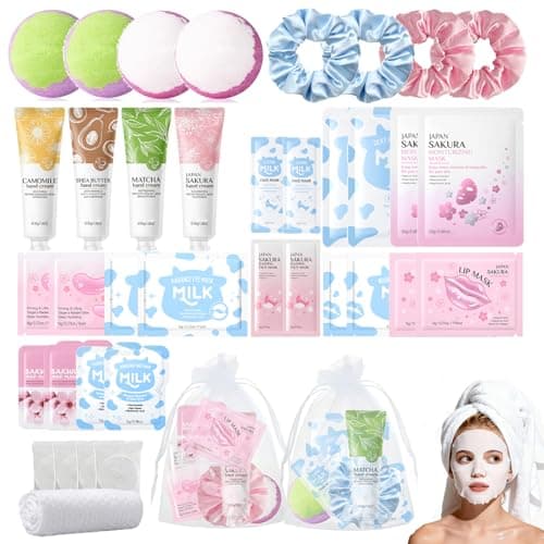 40PCS Sleepover Party Supplies for Girls – Sakura & Milk Pamper Skincare Gift for Spa Days & Birthday - Travel Kits Gift Packs with Face Masks, Lip & Eye Masks, Hand Cream, Bath bombs - Pamper Gift