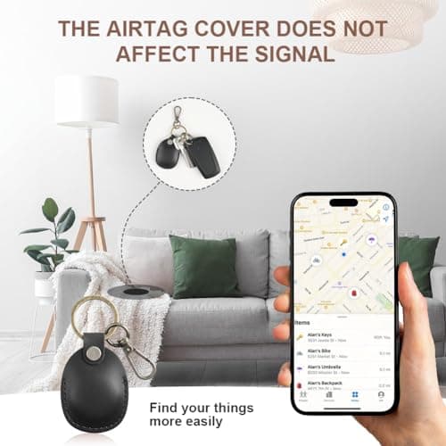 Ainiv Protective Case Compatible with Apple Airtag Pendant, Case with Anti-Loss Key Fob, Pendant for Airtag Made of Leather, Scratch Resistant Holder Cover for AirTag, Key, Pet Collar, Luggage-Black — view 3