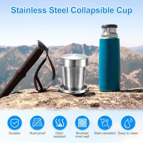 M METERXITY 2 Pack Stainless Steel Collapsible Travel Cup, 15oz(450ml) Reusable Collapsible Metal Cup Portable Foldable Water Bottle with Lid and Keychain for Travel/Camping/Hiking — view 2