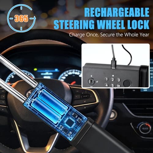 JMEST LEAD Smart Steering Wheel Lock with 5 Unlocking Methods (IC Card/Fingerprint/Password/Key/NFC),Rechargeable Anti-Theft Car Device with Car Alarm, Window Breaker,Universal Fit for Most Vehicles — view 3