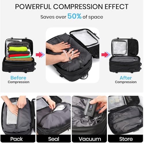 H.yeed Vacuum Backpack Travel Bag with Pump, Expandable 60L Travel Rucksack with USB/Type-C Charging Port&TSA Lock, Waterproof Lightweight Business Laptop Backpack, Fits 17.3 Inch Laptop-Black — view 5