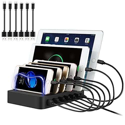 PRITEK Smart IC USB Charger with Cables for Cellphones, Tablets, Earphones and More - 6 Ports Multi Device Charger Station (Black) [Original: Organizer; Updated: Docking Station]