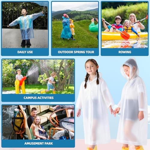 WOHSEROM 2 Pack Rain Ponchos for Kids Reusable,Thickened EVA Travel Raincoat Jacket with Hoods and Sleeves,Lightweight White Capes Ponchos for Boys and Girls Spring Outing Outdoor Travel — view 6