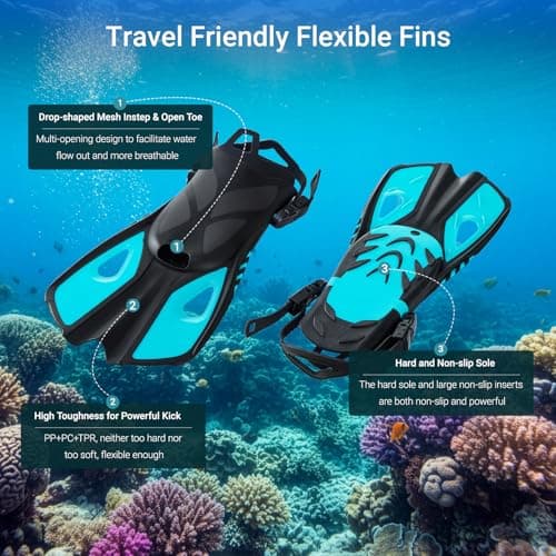 Snorkel Set Adults with Flippers, Snorkel Mask with Adjustable Open-Heel Swim Fins, Snorkeling Packages with Carrying Bag for Beginners and Snorkelers for Pool, Beach & Travel (Blue, L/XL) — view 5