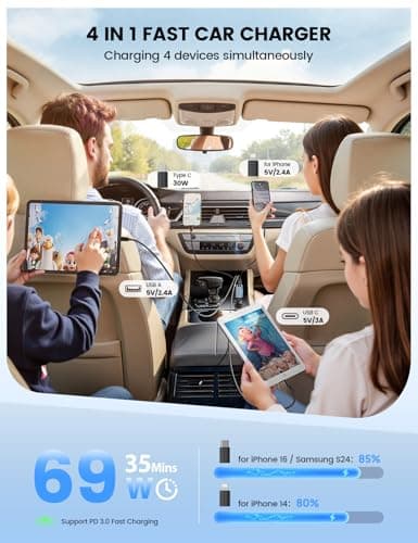 Lamicall 4 IN 1 Retractable Car Charger Adapter - [50% Smaller] [Voltage Display] 69W Cigarette Lighter USB Charger, Car Phone Charge with 2 Retractable Cable + USB-C & USB-A, 12V/24V Socket for Phone — view 5