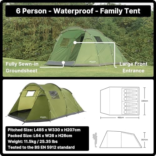 Eurohike Sendero 6 Man Family Tent with Porch & Spacious Living Area, 6 Person, Waterproof, Easy to Pitch, Tunnel Design, Ideal for Family Camping Trips & Festivals, 2000mm HH — view 3