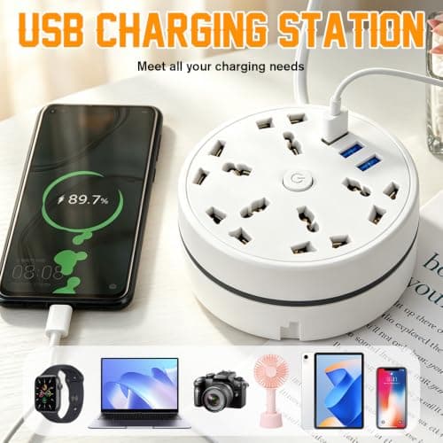 BIZOI Extension Lead With USB Slots, 5-Outlet Surge Protector Power Strip with 3 USB Ports, 2.8m Safer Plug Extension Socket, 2500W 10a Muti Power Strip, Rollable Retractable Travel Extension Lead — view 3