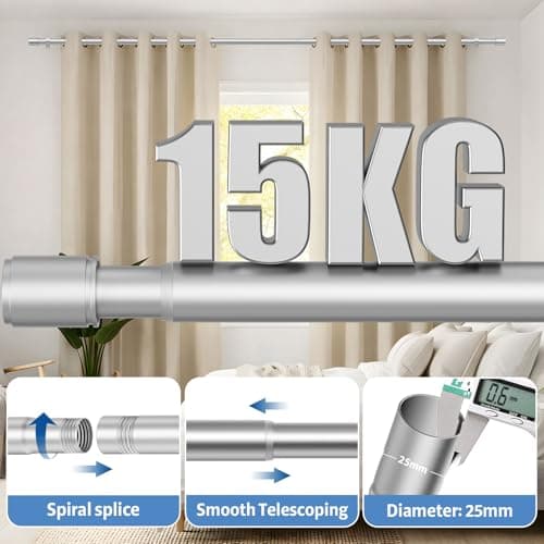 PeSenp Curtain Poles 77-380cm, 25mm Diameter Silver Extendable Curtain Pole — view 3