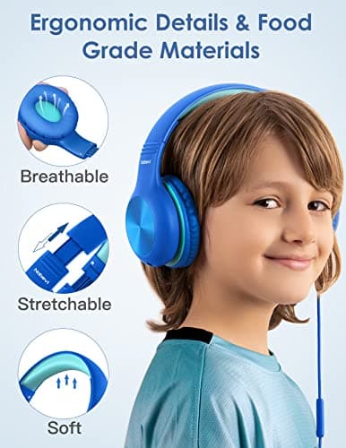 Nabevi Kids Headphones, Childrens Headphones with Microphone, 85dB/94dB Volume Limit, HD Sound, Sharing Function, Wired Headphone for Kids, Adjustable Toddler Headphone for School/Travel/Tablet, Blue — view 2