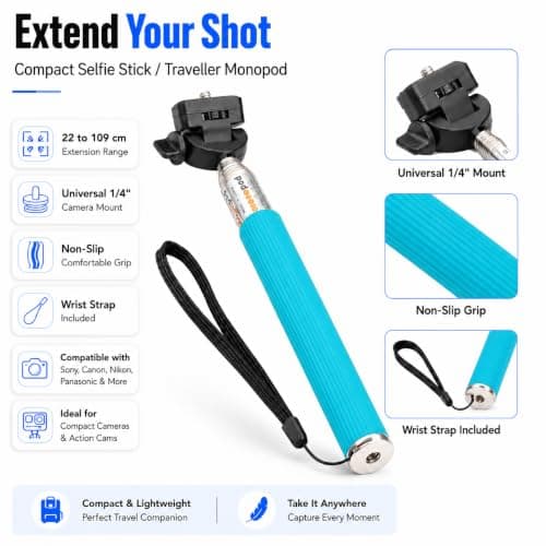 Selfie Stick - Traveller Monopod for Compact Digital Cameras, Action Cam - Works with Sony, Canon, Nikon, Panasonic and More with 1/4" Screw - Wrist Strap Included - Range: 22 to 109 cm - Blue — view 2