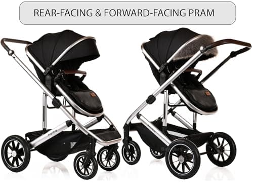 Baby 3 in 1 Travel System Pram with Car Seat Stroller 3 in 1 Buggy Pushchair Child Lightweight Folding Stroller Pram for Newborns Toddlers from Birth (Black Silver Frame) — view 6