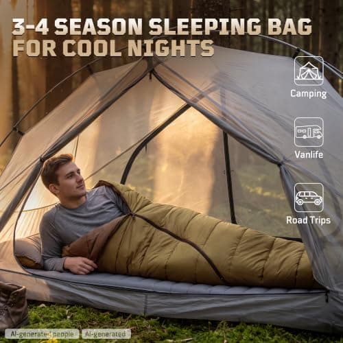 3–4 Season Sleeping Bag for Adults (Comfort 0°C-5°C) – Fits up to 185cm (6'1") Lightweight, Water-Resistant Mummy Sleeping Bag with Hood, Compact Compression Sack for Camping & Hiking — view 2