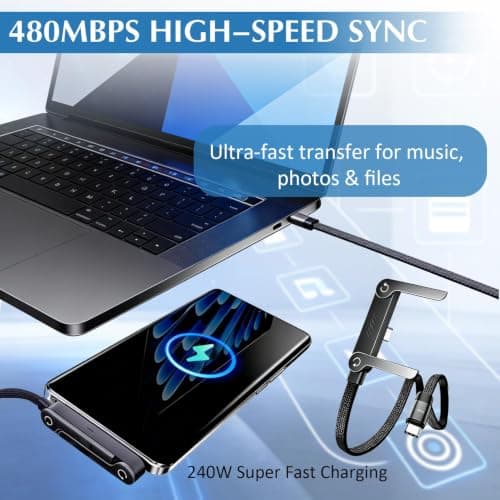 2 in 1 Invisible Holder Charger Cable with Stand, 240W PD Desktop USB-C to C & USB to C Charging Cables With Invisible 7FT/2M, 360° Adjustable Metal Stand for Gaming, Office, Travel, Home — view 5
