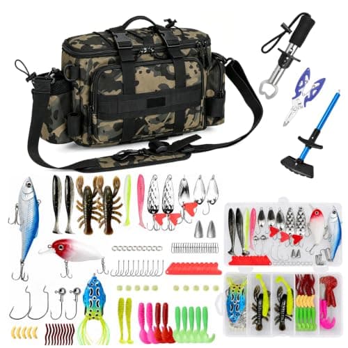 QKTYB Full Fishing Tackle Kit with Storage Bag, 111PCS Fishing Set with 107pcs Lures & Hooks, Mini Pliers, Hook Remover, Fish Lip Gripper, Shoulder Waist Handbag for Pike Perch