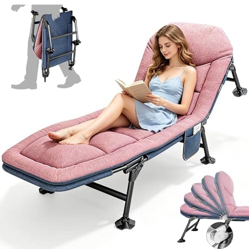Foldable Sun Lounger, Garden Sun Loungers, 6-way Adjustable Camping Bed, Folding Sunbed with Pillow and Mattress, Fishing Bed Chair Perfect for Camping, Indoor/Outdoor (190 x 65 x 30 cm) (1, Pink)