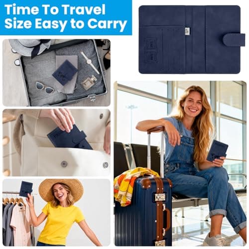 AOOTE Passport Holder Cover Wallet Case, PU Leather RFID Blocking Passport Cover Case with Card Slots, Passport Holder for Passports Ticket Boarding Passes Credit Cards Business Cards, Dark Blue — view 6