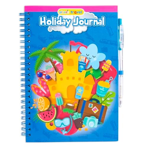 abeec Kids Holiday Journal with Pen | Travel Essentials for Kids Aged 6+ | Summer Activity Book with Puzzles Checklists & Games | 16 Activity Sheets & 34 Lined Pages | Plane Car & Caravan Fun