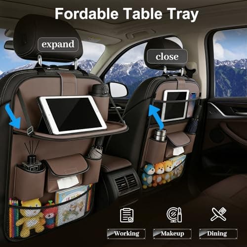 Les-Theresa Car Seat Organiser, Car Organiser Back Seat with Foldable Dining Table and Many Pockets Car Seat Back Protector, Car Backseat Tray for Toys Snacks Travel Essentials (Coffee Brown) — view 4