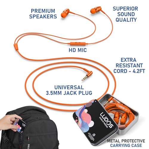 Ludos OMNITONE Wired Earbuds in-Ear Headphones, Earphones with Microphone, 5 Years Warranty, Noise Isolation Corded for 3.5mm Jack Ear Buds for iPhone, iPad, Samsung, Laptop, Gaming, Sports - Orange — view 2
