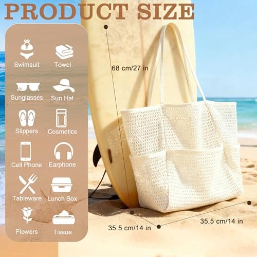 YLQQYL Beach Bag for Women, 4 Pack Large Nylon Mesh Tote with Inner Zipper Pocket, Foldable Sandproof Shoulder Handbag for Swimming Pool Travel (4, 2 Black+2 Beige) — view 4