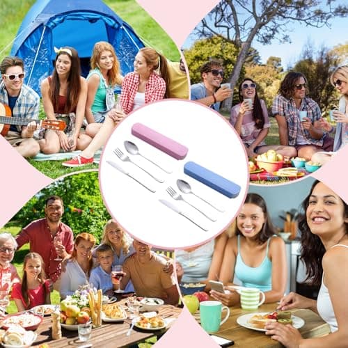 8 Pcs Travel Cutlery Set with Case,Reusable Stainless Steel Cutlery Set for 2 with Spoon Knife and Fork,Portable Travel Utensils for Picnic Outdoor Adventures School Office Everyday Use (Pink,Blue) — view 5