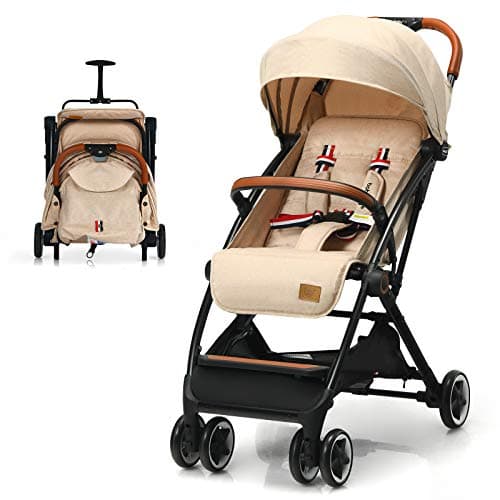 COSTWAY Lightweight Baby Stroller, One-Hand Foldable Infant Pushchair with 5-Point Harness, Adjustable Backrest/Footrest/Canopy, Compact Travel Buggy for 0-3 Years (Beige)