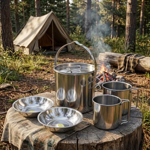 Stainless Steel Camping Cookware Set with Pot Cups Bowls Nesting — view 4