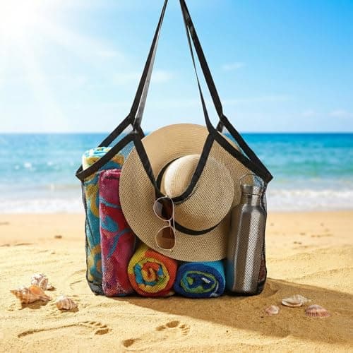 Yuomeaz Large Mesh Beach Bag, Black Mesh Tote Bag for Pool, Foldable Sandproof Beach Bags for Women, Travel, Summer, Party (15×9×14 in) — view 3