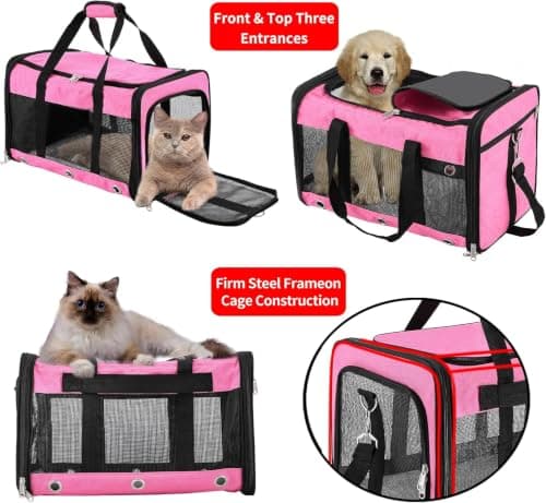 Soft Sided Foldable Cat/Dog/Pet Carrier Bag, Portable Puppy/Pets Travel Carriers For Cats/Dogs With Shoulder Strap & Removable Mat, Durable Basket of 25 lbs - Pink, L — view 6