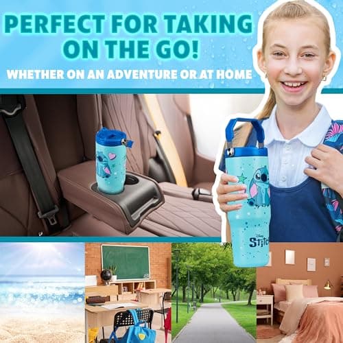 Get Trend Disney Stitch Insulated Tumbler Flip Up Straw & Handle, Metal Travel Water Bottle 850ml/30oz, Thermal Double Wall Vacuum, Hot & Cold Drinks (Blue Stitch) — view 3