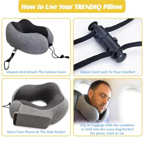 TRENDIQ Travel Pillow for Airplane- Premium Memory Foam with 100% Pure Cationic Cover Neck Pillow for Travel- Adjustable U-Shaped Flight Pillow with Eye Mask, Ear Plugs, Carry Bag & Carabiner Clip — view 5