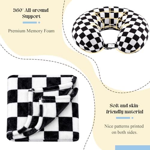 HunnmingRe 5 Pcs Travel Pillow Blanket Set, Airplane,Checkered,Black — view 4
