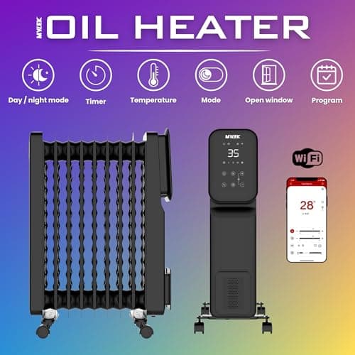 MYLEK Oil Filled Radiator Portable Smart Heater 2KW WiFi App Enabled, 3 Heat Settings, Timer, LED Display, Energy Electric Efficient, Safety Tip Over Protection (Black 2000W) — view 4