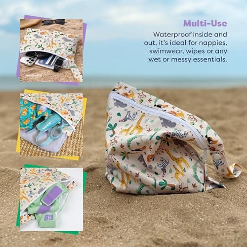 Bambino Mio Waterproof Wet, Dry Bag for Cloth Nappies, (Safari Squad) Swimwear & Essentials – Holds 3 Nappies | 29.5cm x 28.5cm, Baby & Toddler — view 5