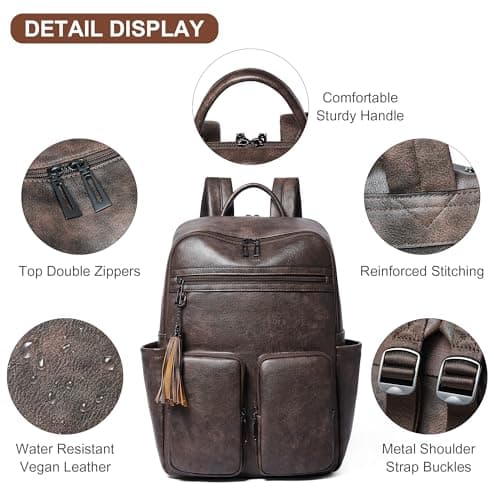 Shrrie Laptop Backpack for Women 16 Inch,Vegan Leather Travel Backpack Purse Work Business Computer Backpacks Teacher Nurse College Laptop Bookbag Casual Daypack,Two-toned Coffee — view 6
