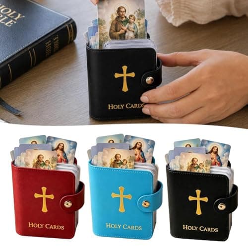 Catholic Faux Leather Holy Card Holder, Pocket Prayer Card with 54 Holy Cards,PU Portable Organizer with Snap Closure for Sacred Heart,Portable Storage Booklet for Cards Medals Tokens Gifts(Red) — view 4
