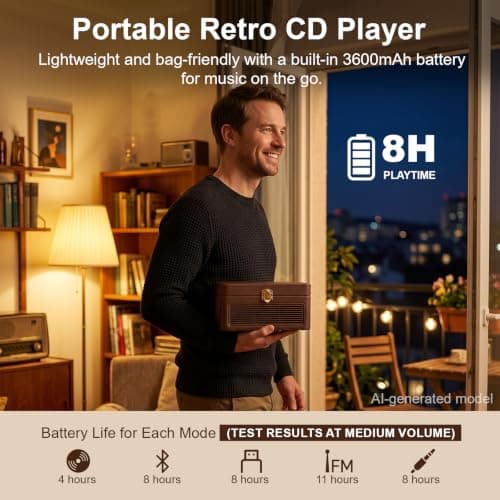 Gueray Portable Leather CD Player Bluetooth with Speakers 3600mAh Battery — view 4