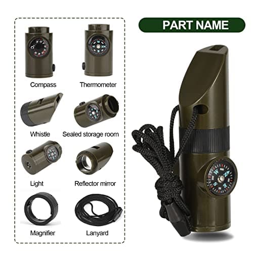 Vspek 7 in 1 Survival Whistle, Camping Survival Tool, Emergency Whistle Compass/Thermometer/LED Torch/Magnifier/Mirror with Lanyard Safety Kit, Outdoor Multifunctional Tool for Camping, Hiking — view 3